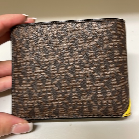 NWT $178 Michael Kors Cooper Logo Brown/Lemon PVC Billfold with Passcase Wallet - Picture 2 of 5